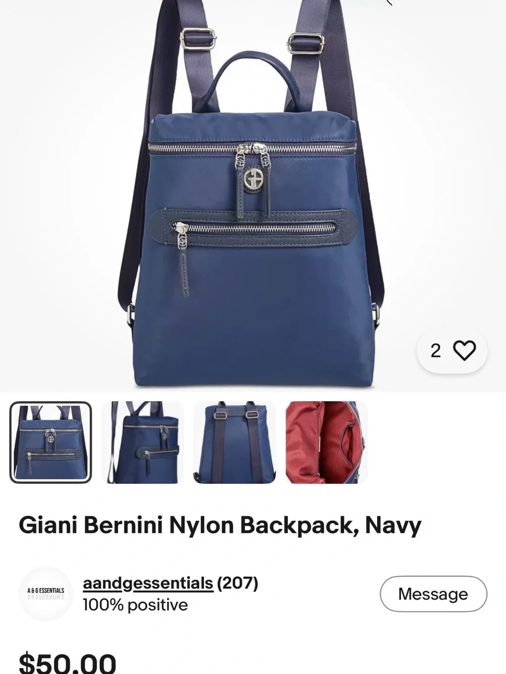 Giani Bernini Navy Nylon Compact Backpack with Front Zip Pocket